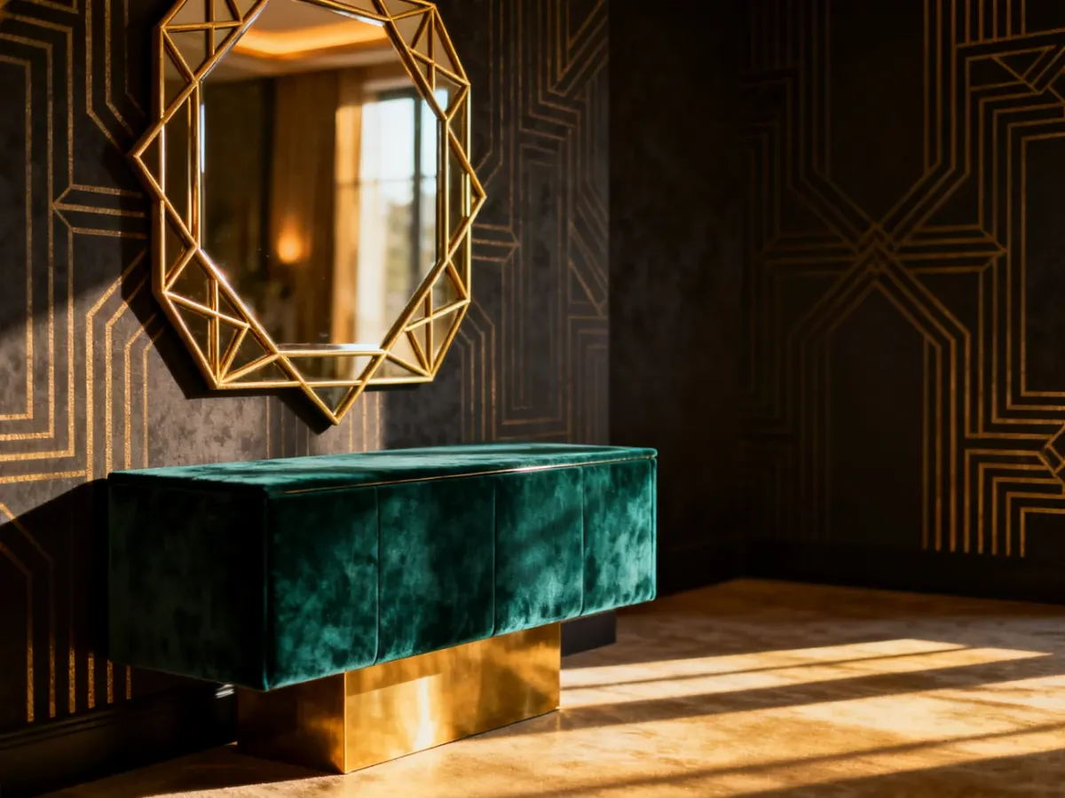 Elegancki przedpokój w stylu art deco z lustrem w złotej ramie, szmaragdową konsolą i tapetą w geometryczne wzory.