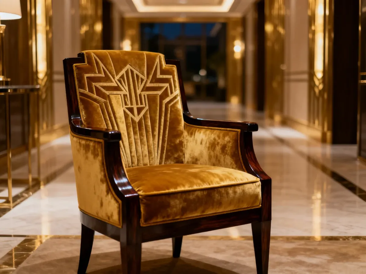 Elegancki fotel w stylu art déco z geometryczną tapicerką i drewnianą ramą w luksusowym, minimalistycznym wnętrzu.