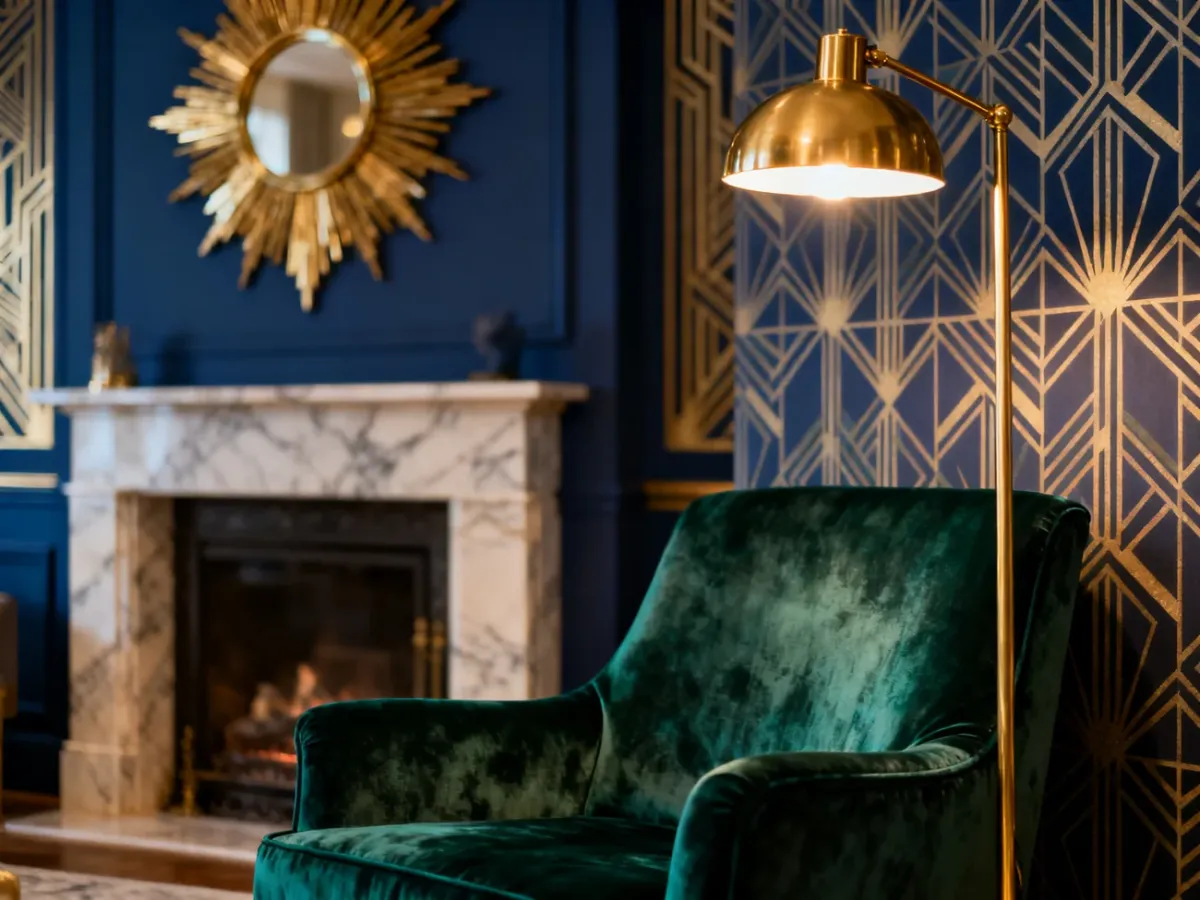Elegancki salon w stylu art deco z welurowym fotelem, geometryczną tapetą oraz złotymi akcentami w odcieniach granatu i szmaragdu.