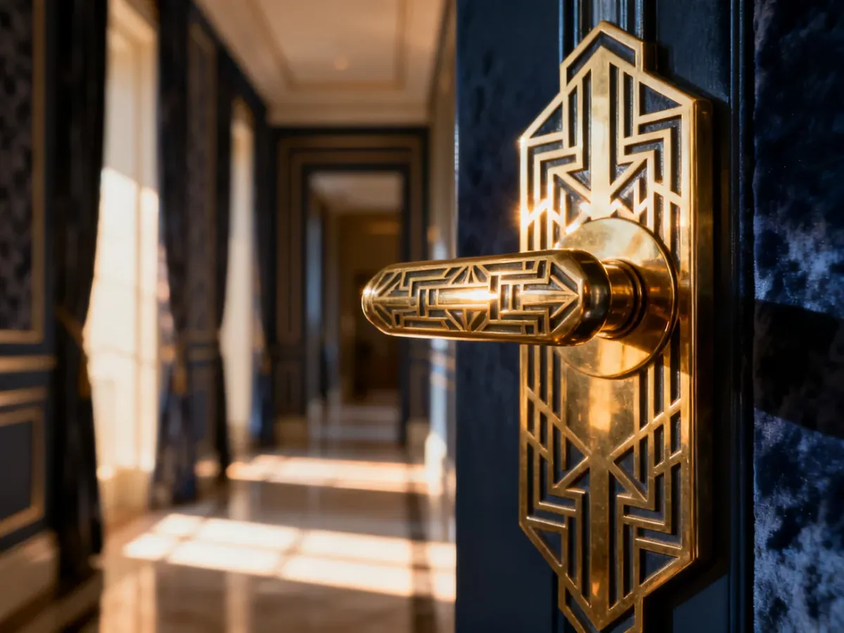 Elegancka klamka w stylu art deco z polerowanego mosiądzu o geometrycznym wzorze, podkreślająca luksusowy charakter wnętrza.
