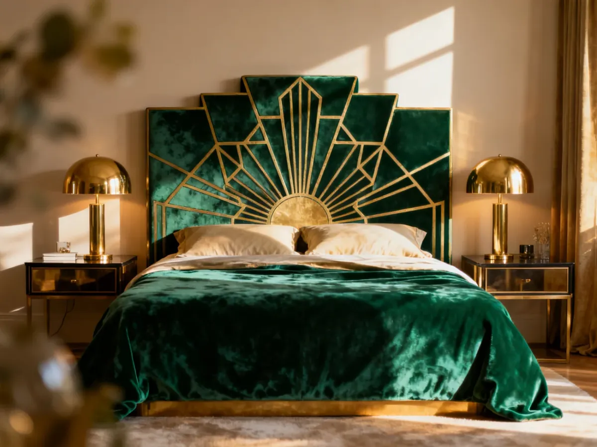 Luksusowa sypialnia w stylu art deco z welurowym łóżkiem o geometrycznym wezgłowiu w kolorystyce szmaragdowej zieleni i złota.