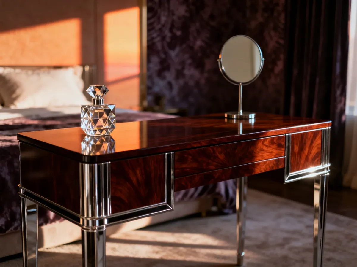 Elegancka toaletka w stylu art déco z ciemnego mahoniu z chromowanymi detalami w stylowej sypialni.